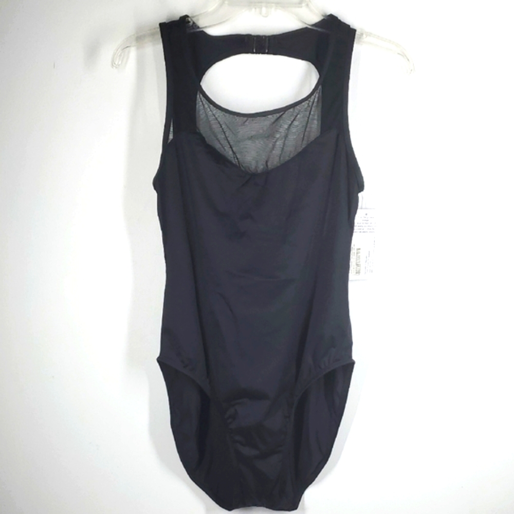 Vintage Carabella Black Mesh One-Piece Swimsuit Size 14 Sheer Panel Bathing Suit